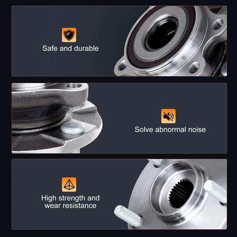Front Wheel Hub And Bearing Assembly For Scion tC 2011-2016, Toyota Mirai 2016-2019, And Toyota RAV4 2006-2018, 5-Lug With ABS, OE-Style Replacement Hub Bearing Kit, Beefed-Up Durability, Ready-To-Install, close-up view showing safe and durable features, noise reduction, high strength and wear resistance.