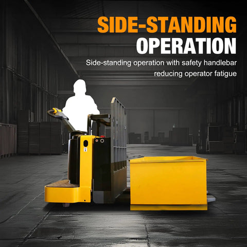 Built Tough Full Electric Pallet Truck Powers Through 5500 Lbs On The Regular With Side Standing Platform for side-standing operation.
