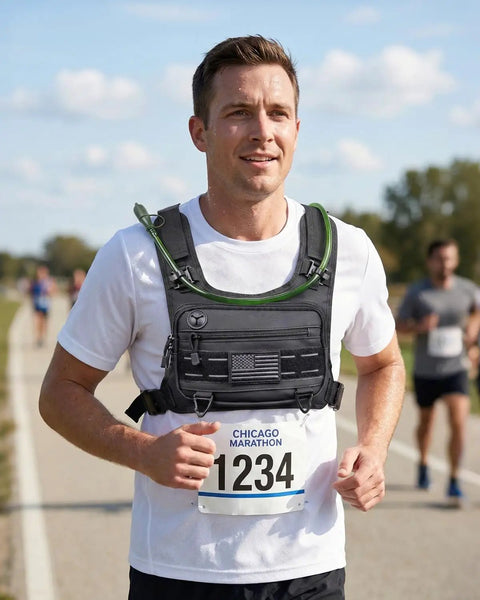 Man running at marathon wearing Lightweight Running Vest With 2L Water Bladder, Easy Breath Hydration Chest Pack For Men And Women