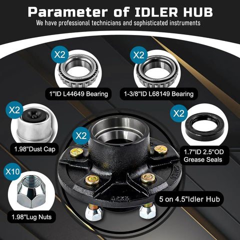 Trailer hub kit, 5-bolt 4.5in idler hub for 3500 lb axles, includes bearings, grease seals, dust caps, ten lug nuts