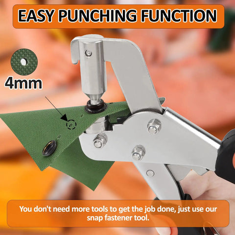 Pro Grade Heavy Duty Snap Fastener Kit With Canvas Installation Tool punching holes in green fabric for DIY projects