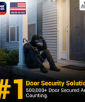 Image showing a masked intruder with a crowbar outside a home's front door, promoting the Door Armor Max Single Door Security Kit Reinforcement For Jamb Frame And Hinges Five Piece Lock Security System No Fuss 30 Minute Install Corrosion Proof White Built To Stop Kick Ins And Forced Entry.