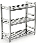Straight Up Sturdy Stainless Steel Shelving Rack With Adjustable Anti Slip Feet For Multi Tier Kitchen Organization And High Capacity Open Grid Storage Setup That Never Sags, three-tier design.