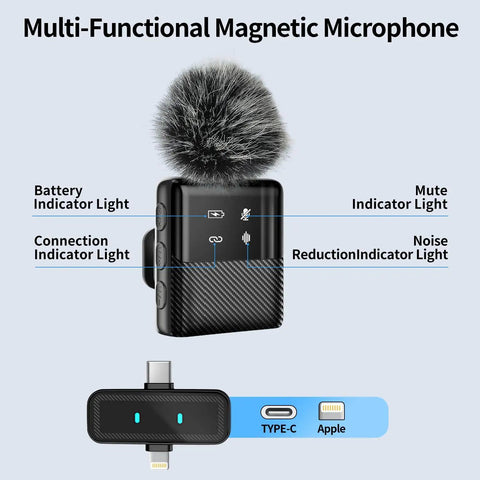 Multi-functional magnetic microphone with indicator lights for Vlogging Kit for iPhone and Android, 31 Inch Selfie Stick Tripod With LED Light.