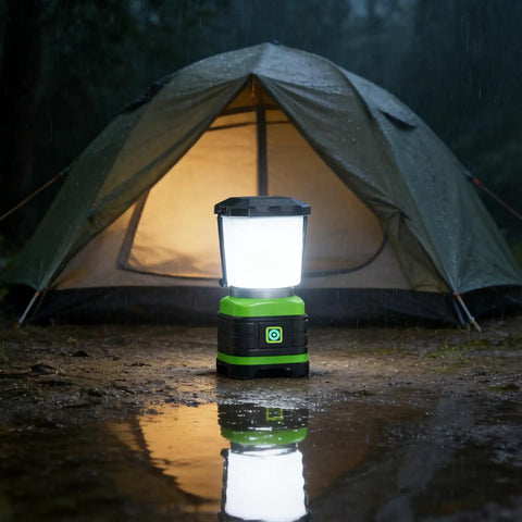 LED Camping Lantern Battery Powered Lights Portable Lanterns for Emergency Power Outages, near tent in rain
