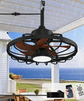 Outdoor Ceiling Fan With Lights 20 Inch Waterproof Plug In Ceiling Fan With Remote And App Control, 6 Speeds Reversible Downdraft And Updraft, IP65 Wet Rated For Patios Gazebos Pergolas, Walnut Finish, installed under a covered patio during rain.