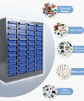 40 Drawer Parts Cabinet With Label Stickers Nut And Bolt Organizer ABS Drawers For Screws Bolts Nuts In Workshop Garage And Office Built Tough For Long Lasting Rust Resistant Mess Free Organization, blue drawers with labeled sections for organizing various hardware and components.