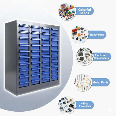 40 Drawer Parts Cabinet With Label Stickers Nut And Bolt Organizer ABS Drawers For Screws Bolts Nuts In Workshop Garage And Office Built Tough For Long Lasting Rust Resistant Mess Free Organization, blue drawers with labeled sections for organizing various hardware and components.