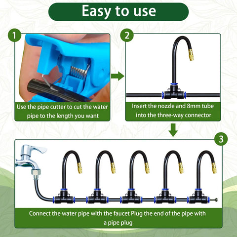 All In One 360 Degree Adjustable Drip Irrigation System With Fifty Foot Hose And Fifteen Nozzles For Lawn Garden Plants Five Sixteenths Inch Flow To The Far End No More Dry Spots Greenhouse Yard Care Kit Easy Install installation steps