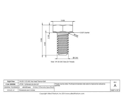 Grab These Twenty Top Shelf 1/4-20 X 1/2 Grade Two Titanium Hex Head Bolts Featuring A Smooth Polished Finish Supercharged Corrosion Resistance Perfect For Marine Rigs And Street Mods Built Different diagram showing dimensions and specifications.
