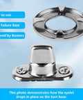 Nickel-plated marine twist-lock eyelets and turn-button studs with base, front view; 12 sets, 24 screws.