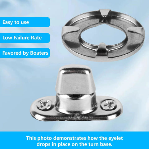 Nickel-plated marine twist-lock eyelets and turn-button studs with base, front view; 12 sets, 24 screws.