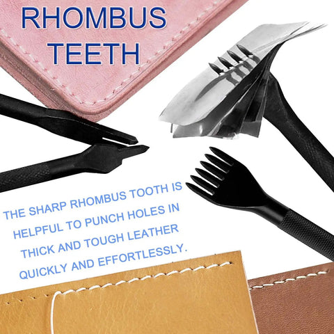 Close-up of Diamond Hole Leather Stitching Chisel Set with rhombus teeth and black handles, 5mm prongs visible.