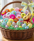 Basket with Fluffy Pom Pom Pens 24 Pack Cute Plush Kawaii Novelty Pens for Kids and Adults, eggs, and chocolate bunny on table.