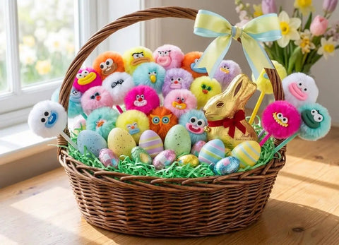 Basket with Fluffy Pom Pom Pens 24 Pack Cute Plush Kawaii Novelty Pens for Kids and Adults, eggs, and chocolate bunny on table.