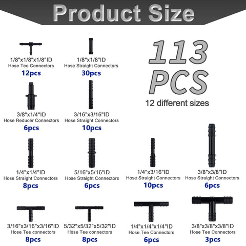 Diagram showing 113 connectors included in the All In One Vacuum Line Kit With Six Five-Foot Hoses And 113 Connectors, Silicone Vacuum Tubing For Car Piping System, Auto Replacement Hoses Up To 130 PSI.