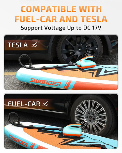 High Pressure Digital Electric Air Pump for SUP Kayak Tent with Auto Off and Dual Stage Inflation next to car and Tesla