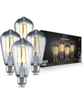Four Smart WiFi Light Bulbs With Alexa And Google Assistant No Fuss Setup Tunable White LED in front of product box