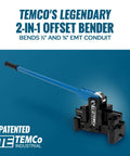 Dual Size Conduit Offset Bender 2 In 1 For Half Inch And Three Quarter Inch EMT With Quick Accurate Offsets, shown with blue handle.