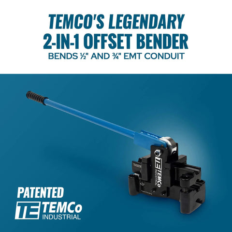 Dual Size Conduit Offset Bender 2 In 1 For Half Inch And Three Quarter Inch EMT With Quick Accurate Offsets, shown with blue handle.