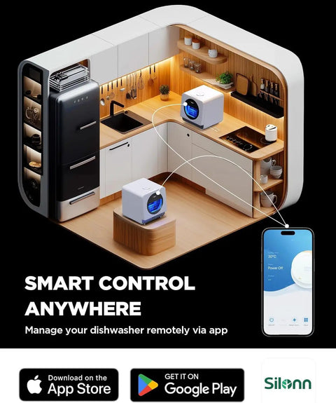 No Fuss Portable Countertop Dishwasher With Smart App Control And Built In Water Tank Excellent For Tiny Apartments Or RV Adventures Features Eight Quick Wash Cycles Four Place Capacity Plus Automatic Air Dry shown in a modern kitchen with smart control via app.