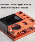 Killer Solid Wood Coffee Tamping Station And Knock Box Organizer Features Double Layer Storage For Portafilters Grounds Catcher And Smooth Daily Grind Routine, showing double-layer design with 51-58 mm holes.