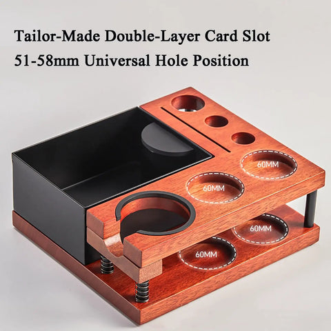 Killer Solid Wood Coffee Tamping Station And Knock Box Organizer Features Double Layer Storage For Portafilters Grounds Catcher And Smooth Daily Grind Routine, showing double-layer design with 51-58 mm holes.