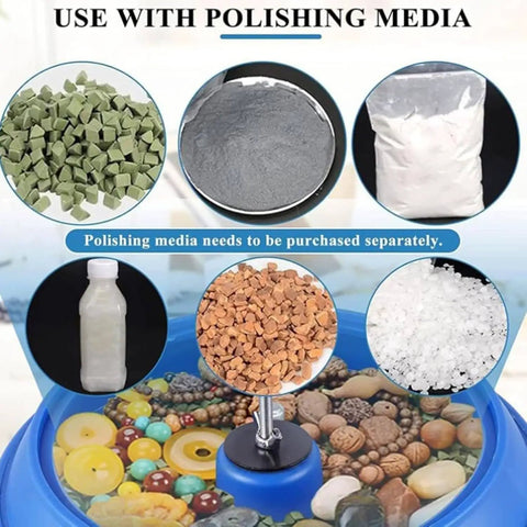 Heavy Duty Vibrating Polisher Kit With Electric Polisher And Rock Tumbler Drum, 6.2L Capacity showing various polishing media