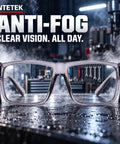 Real Deal Job Site Safety Glasses With Smash Proof Polycarbonate Lenses Anti Fog UV400 Blue Light Blockers Z87 Certified showcased with steam and droplets.