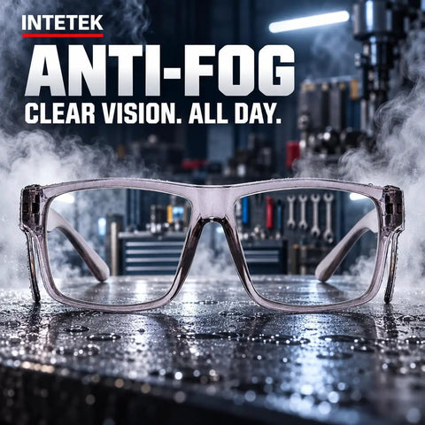 Real Deal Job Site Safety Glasses With Smash Proof Polycarbonate Lenses Anti Fog UV400 Blue Light Blockers Z87 Certified showcased with steam and droplets.