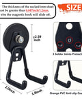 Heavy Duty Magnetic Garage Hooks 4 Pack Extra Strong Magnets Hangers For Power Tools Hose Garden Gear Pegboard And Workshop Storage For Indoor Outdoor Use Black, showing hook size and anti-slip coating.