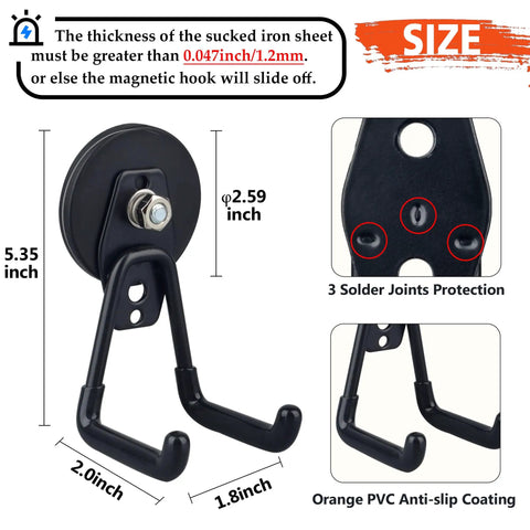 Heavy Duty Magnetic Hooks 2 Pack For Power Drill Broom Garden Tools Pegboard Garage Organization Rubber Coated Magnets For Indoor Outdoor Hanging Black, showing dimensions and features.
