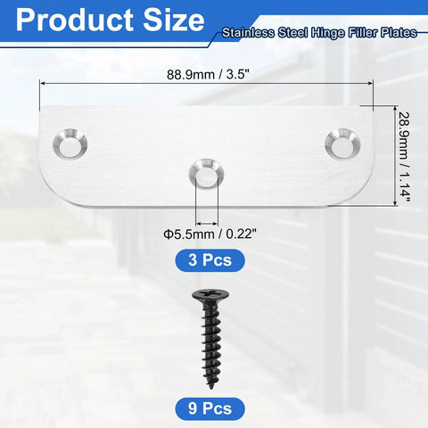 uxcell 3-pack stainless steel hinge filler plates, 3.5 in long with 5.5 mm hole, screws included, silver