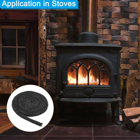 Front view of black graphite-fiberglass wood stove gasket rope, 3/8x1/8x73 in, 2 pcs, coiled.