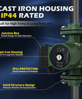 Heavy Duty Cast Iron Circulator Pump Three Speed Hot Water Heater With Built In Check Valve One Inch Flanged Connection close-up view showing cast iron housing and junction box.