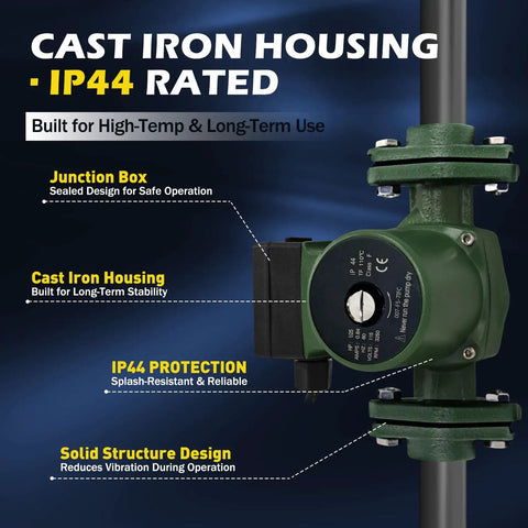 Heavy Duty Cast Iron Circulator Pump Three Speed Hot Water Heater With Built In Check Valve One Inch Flanged Connection close-up view showing cast iron housing and junction box.