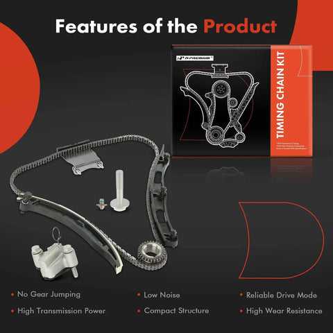 Engine Timing Chain Kit With Sprocket, Tensioner, And Guide For Chevrolet Equinox 2018-2020, shown with kit components and packaging.