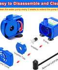 Pet Water Fountain Pump Replacement, showing components including pump, impeller, and cover with LED indicator and cleaning instructions