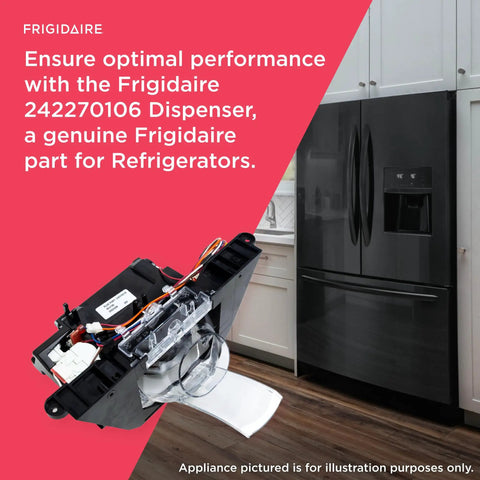Fridge Dispenser Replacement Part 242270106 for Refrigerator Ice and Water Dispenser shown in kitchen setting with fridge.