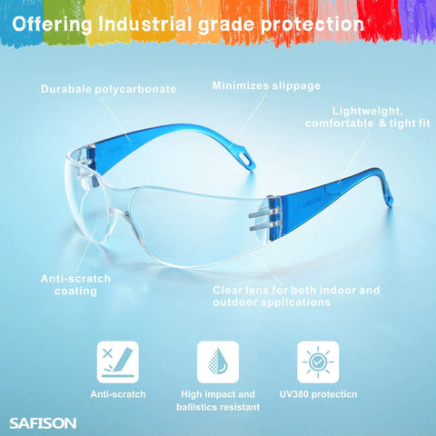 Blue frame glasses from 28 Pack Kids Safety Glasses Set With Seven Color Frames For Nerf Parties Science Projects And School Use ANSI Z87.1 Plus Protection Scratch And Impact Resistant Lenses UV Shield Comfort Fit
