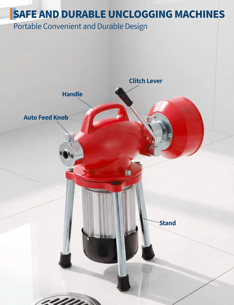 Heavy Duty 500W Electric Pipe Auger Drain Cleaner With Auto Feed Setup and Dual Coils for Crushing Grease Clogs in Residential Lines