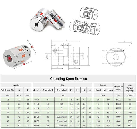 Diagram and specifications for a CNC flexible coupler in the 25mm CNC Ballscrew Kit SFU2504 RM2504 AntiBacklash 2600mm Ball Screw With 4mm Lead Nut Assembly BK BF20 End Blocks Flexible Coupler Nut Housing And Nema 34 Motor Bracket.