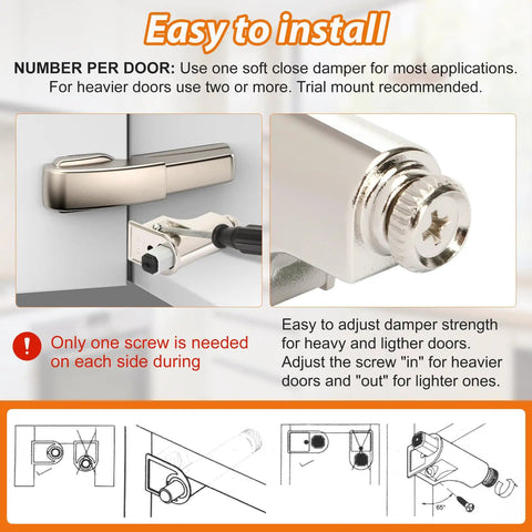 Installation guide for 25 Pack Real Deal Soft Close Cabinet Dampers With Slick Self Closing Silicone Bumpers, showcasing screw adjustment.