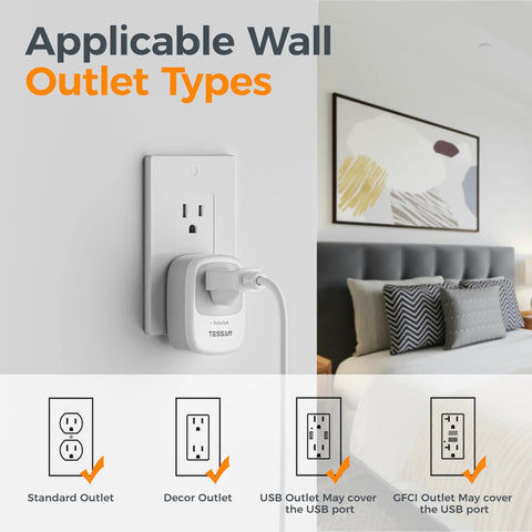 Go To 1050J Surge Protector With Protected Light Indicator plugged into standard wall outlet in modern bedroom setting