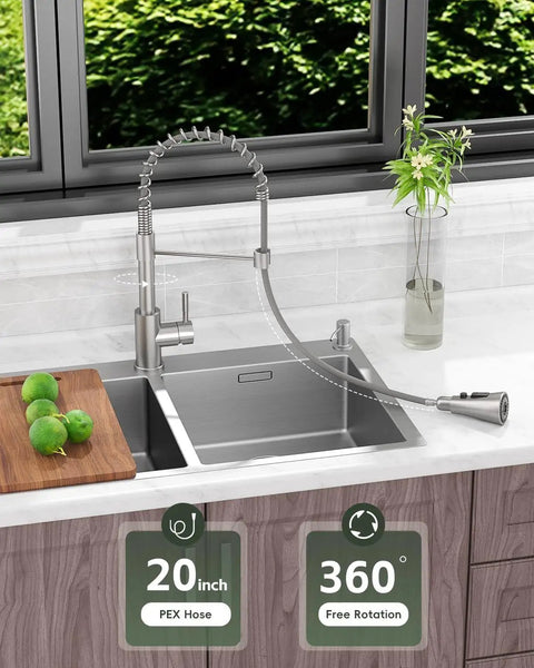 Brushed Nickel Kitchen Faucet With Pull Down Sprayer And Soap Dispenser 18 Inch High Arc 360 Swivel 3 Mode Spray Single Handle