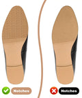 4 Pack Self Stick Shoe Sole Repair Pads Non Slip Heel Protectors for Men and Women Durable Rubber Replacement Pads in Black and Khaki Easy Peel and Stick Shoe Sole Care installed on left shoe, showing improved sole grip compared to right shoe.