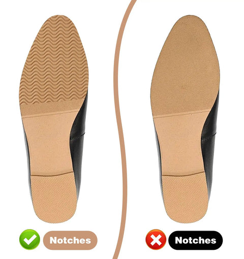 4 Pack Self Stick Shoe Sole Repair Pads Non Slip Heel Protectors for Men and Women Durable Rubber Replacement Pads in Black and Khaki Easy Peel and Stick Shoe Sole Care installed on left shoe, showing improved sole grip compared to right shoe.