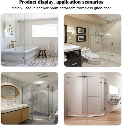 Heavy Duty 304 Brushed Stainless Steel Glass Shower Hinges With Sleek Two Way 360 Degree Rotation And Seamless Auto Close For No Sweat Cabinet Door Installations displayed in various modern bathrooms.