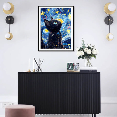 Dope Black Cat 5D Diamond Painting Kit For Adults Full Drill Gem Art On 12x16 Inch Canvas displayed in living room decor