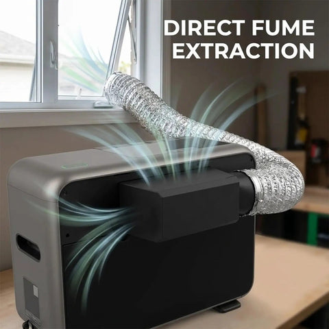 Premium Direct Fume Extraction Adapter To Kick The Stank Out With Seamless Smoke Filtering Using A Universal Four Inch Duct Coupling seen in use with duct hose.